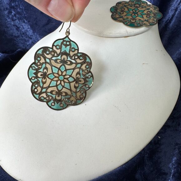 5/$25 Gold Teal Mandala Medallion Earrings - Picture 3 of 9
